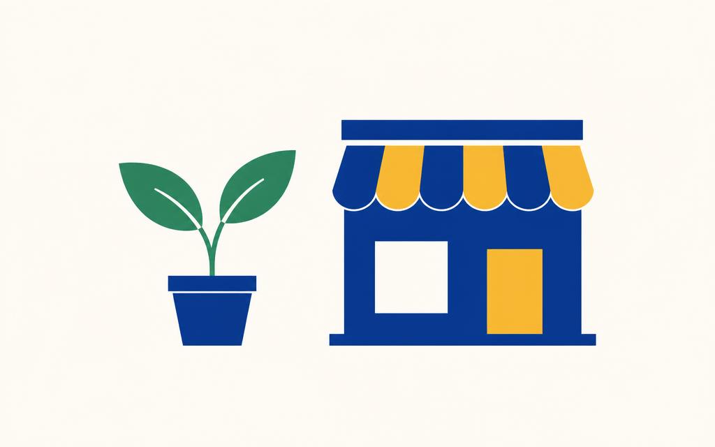 Illustration av en liten planta och en enkel butik, som symboliserar en nystartad enskild firma