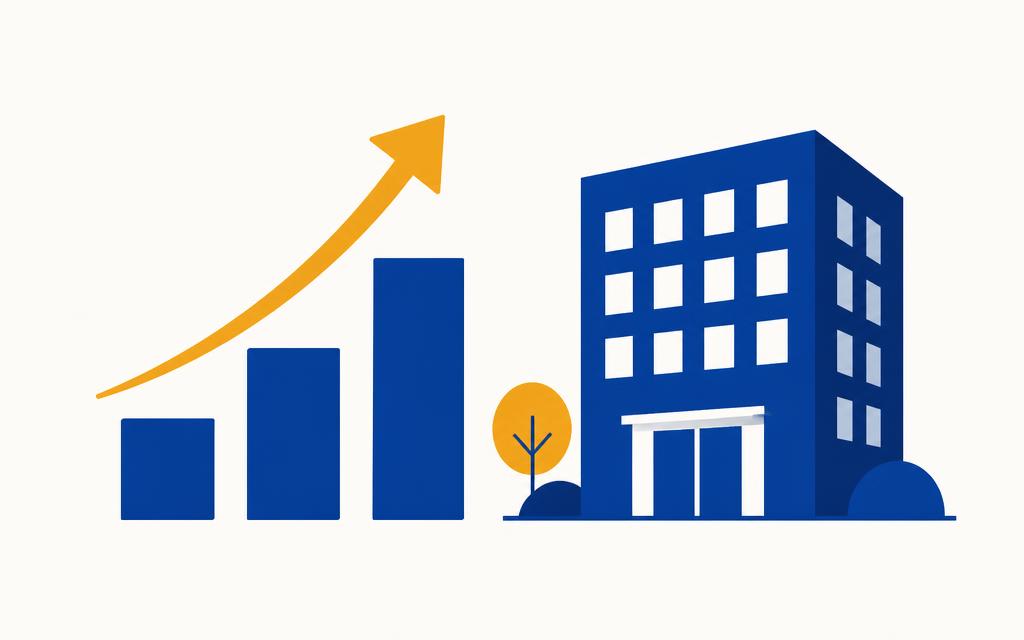 Illustration av stigande stapeldiagram och en kontorsbyggnad, som symboliserar ett växande aktiebolag